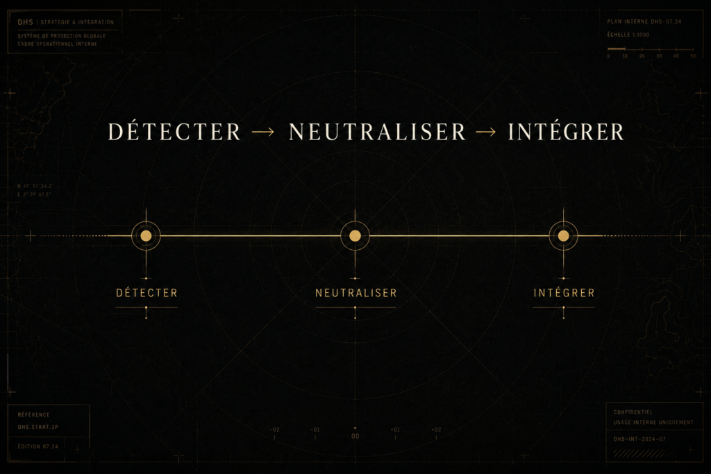 Schéma minimal noir et or représentant la trajectoire DHS : Détecter, Neutraliser, Intégrer.